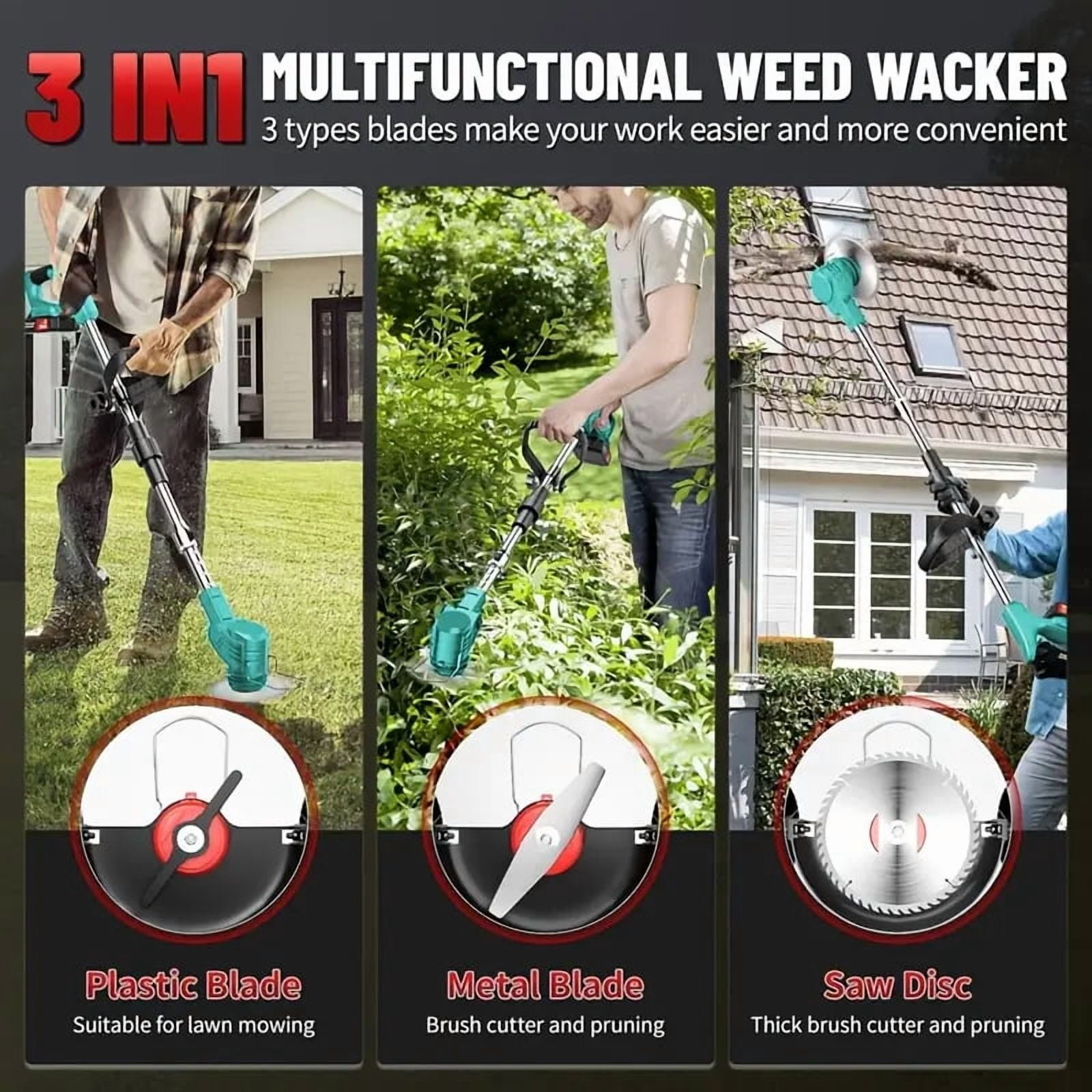 Weed Wacker Cordless Adjustable Weed Eaters wheel mower3 in 1 Electric String Trimmer Lawn with Two Battery with Charger Comes with Multiple Blades for Yard,Green,Garden gifts for Dad