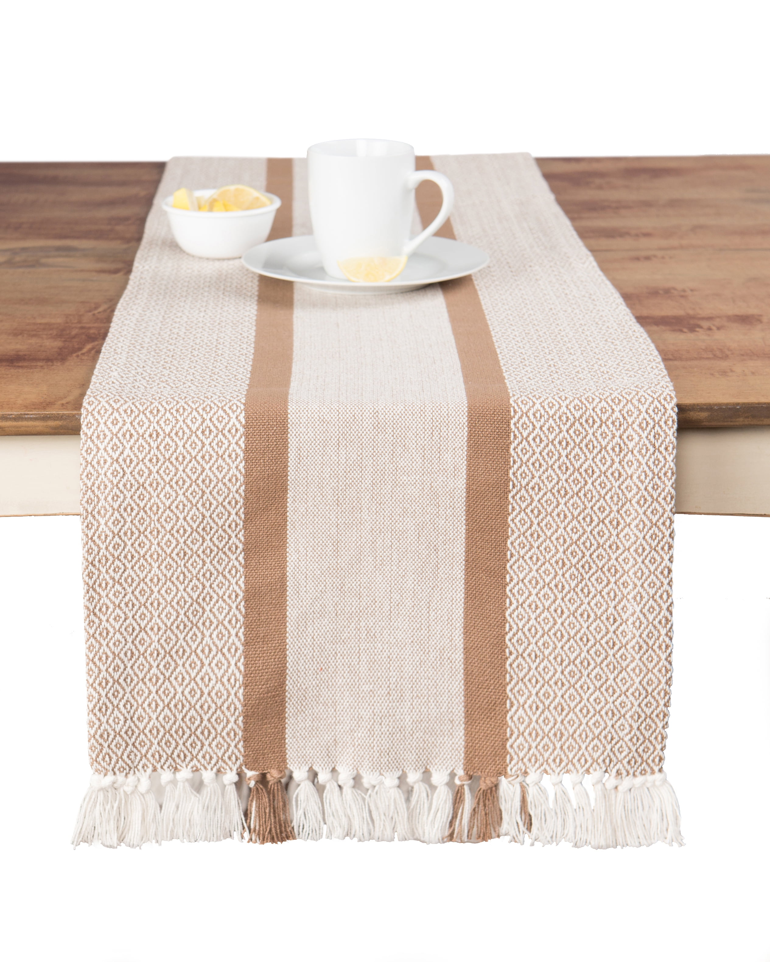 Sticky Toffee Cotton Woven Table Runner with Fringe, Traditional Diamond, Tan, 14 in x 72 in