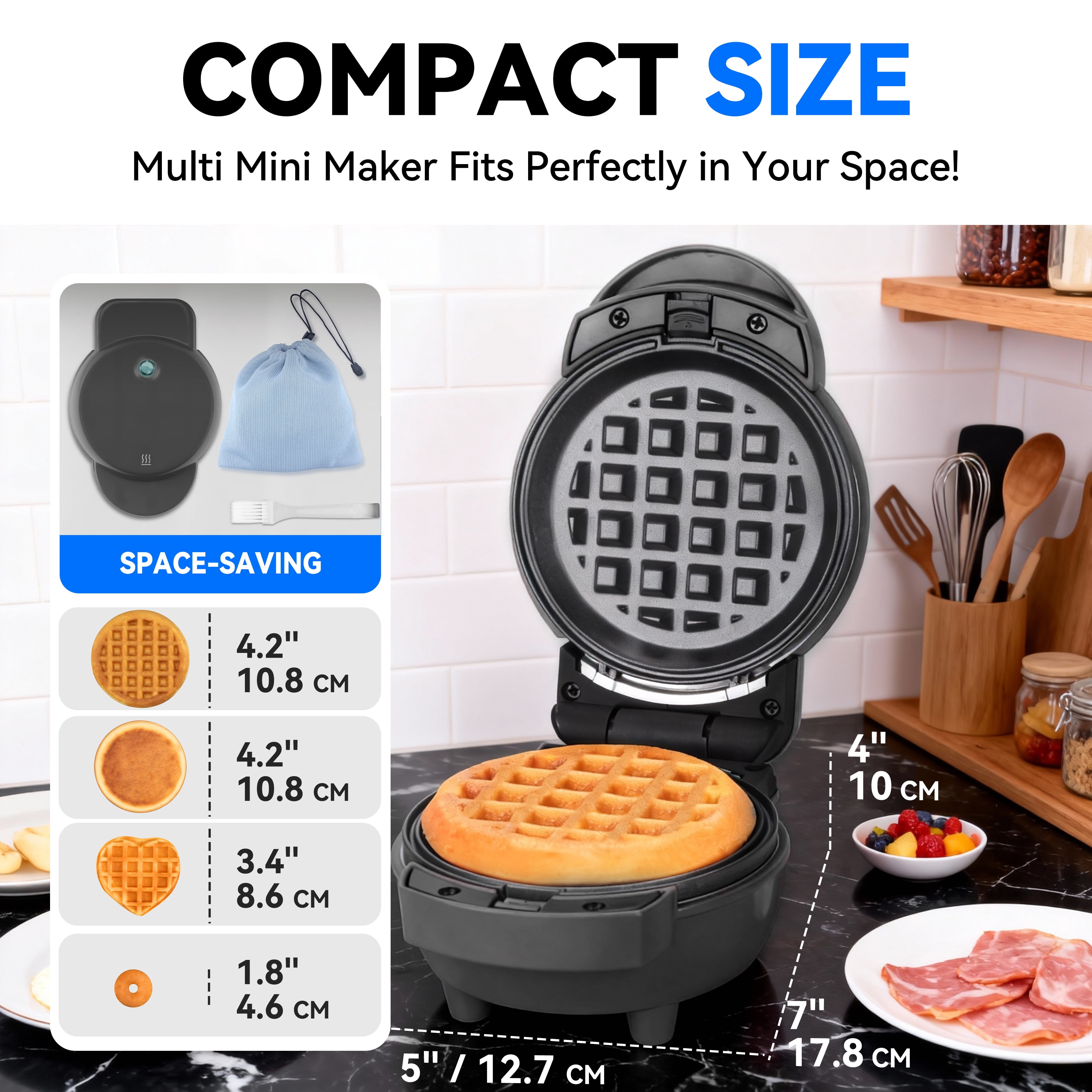 Mailand Countertop 4 in 1 Waffle Maker, Mini Pancakes, Mini Donuts, Mini Heart Shape Waffle, Removable Plates, Graphite