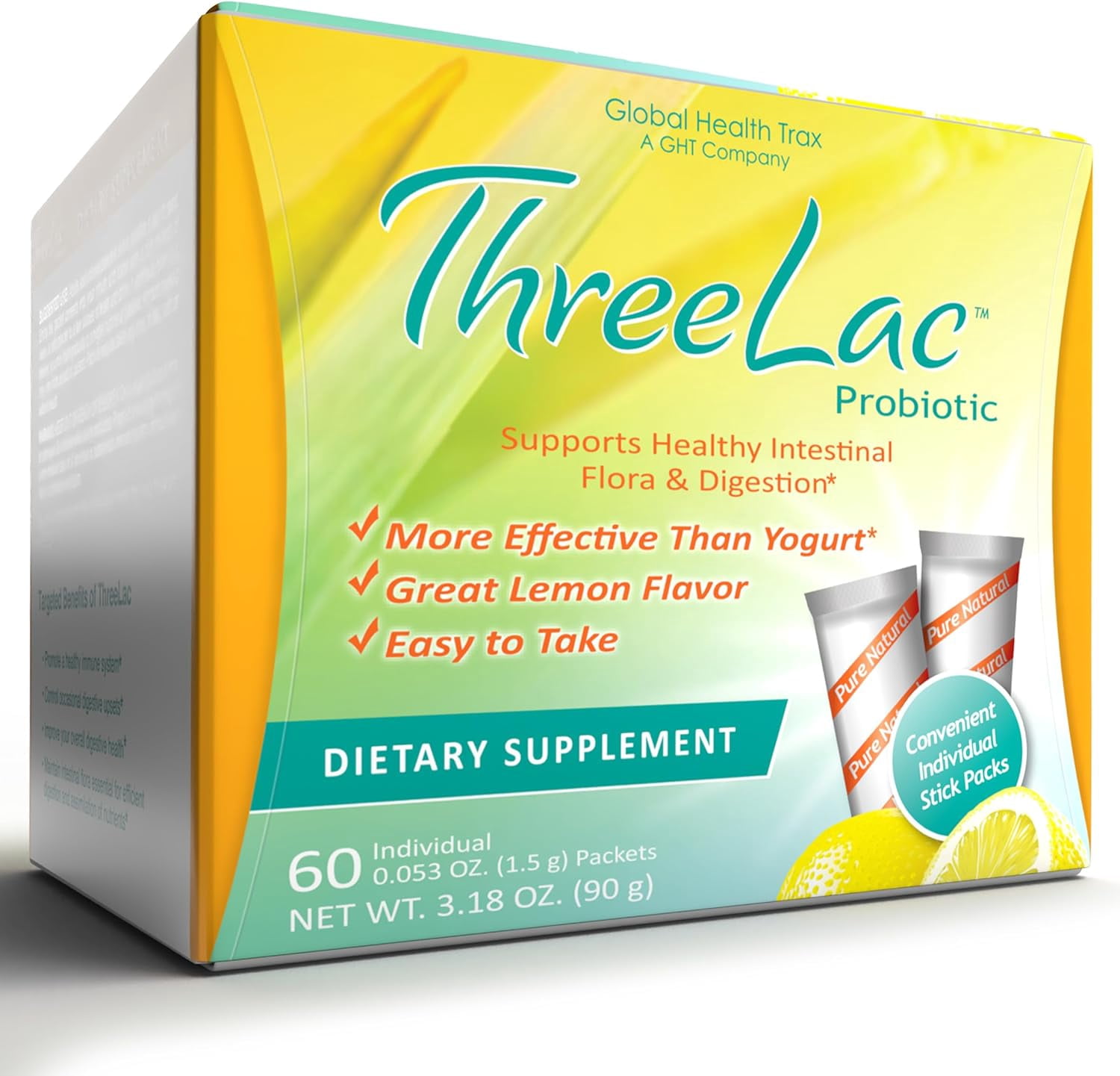 Global Health Trax ThreeLac Probiotic Drink Mix, Daily Digestive Support, Lemon, 90g, 60 Packets