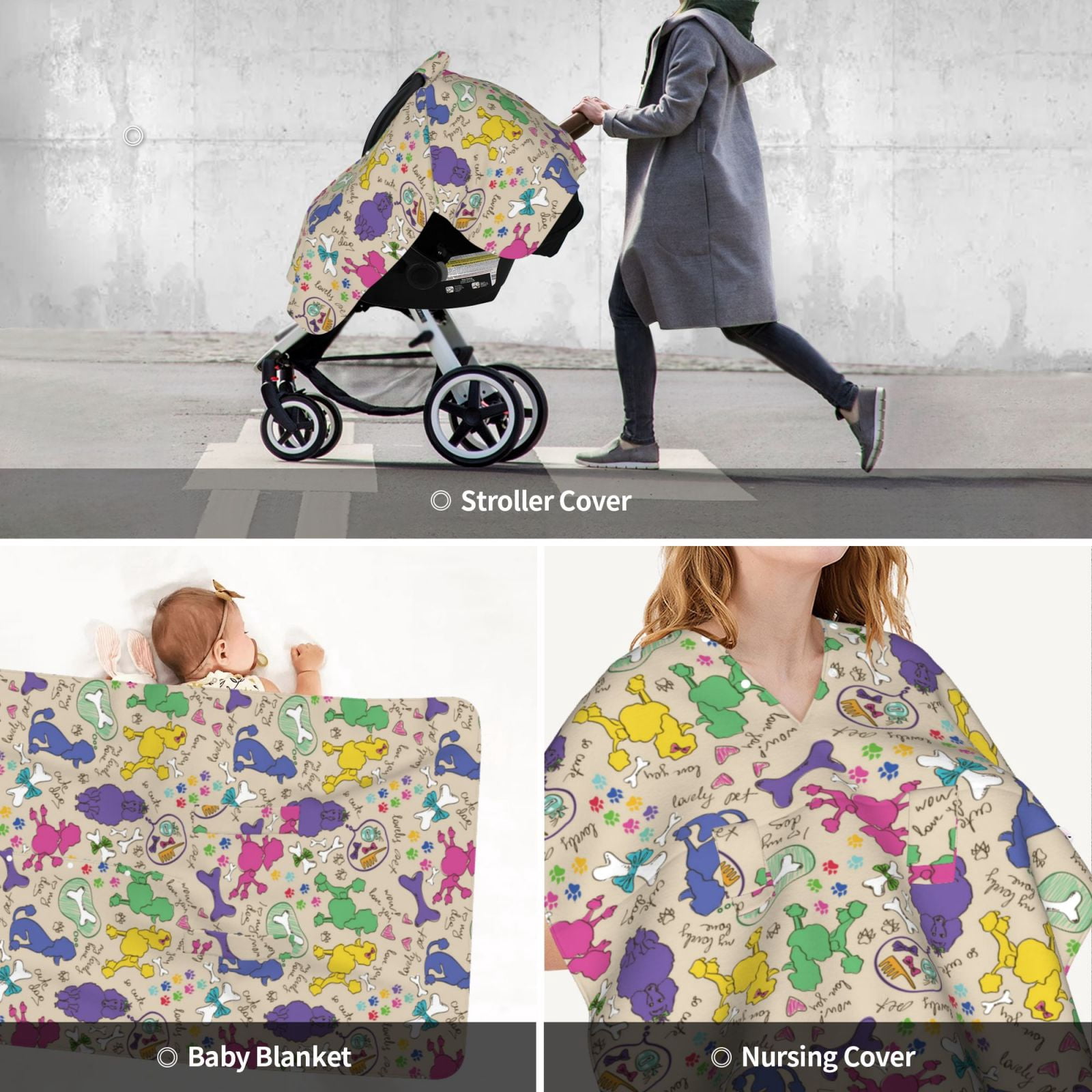 Car Seat Cover Baby - Funny Cute Poodle Dog Multi Color Breathable Infant Car Seat Cover for Baby Carseat, Lightweight Comfort Baby Essentials Must Haves Newborn Stuff for Girl Boy