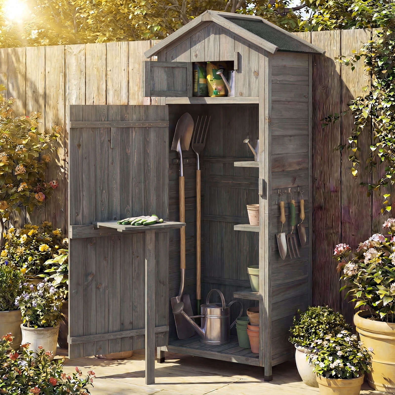 Costway Wood Garden Storage Shed with Lockable Barn Door, Removable Shelves for Patio Gray