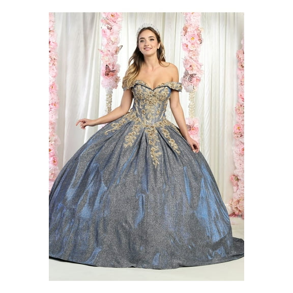 Womens Navy/Gold Quinceanera Dress Sweet 16 Prom Long Sweetheart Off Shoulder Ball Gown Plus Size Dress