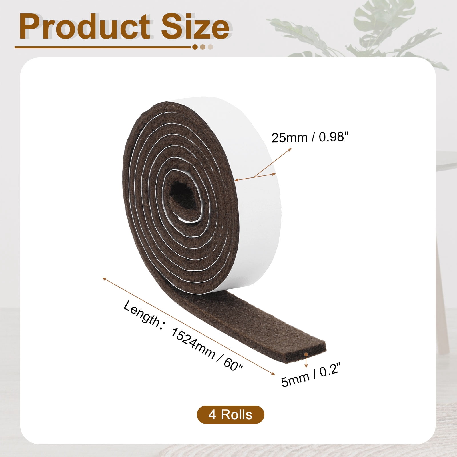 Felt Strips with Adhesive Backing, 4 Pack 1" x 60" x 0.2" Adhesive Felt Strips Anti Scratch Furniture Felt Tapes Self-Stick Felt Pads for Protecting Hardwood Floor, Brown