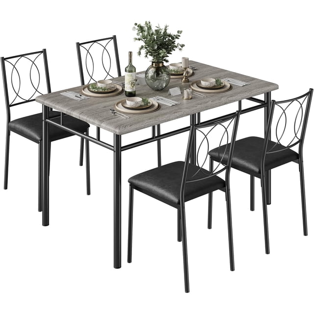 YUSAZENS 5 Piece Dining Set, Metal Frame Table & 4 Chairs, Compact Dinette Set for Kitchen Dining Room Small Apartment Gray