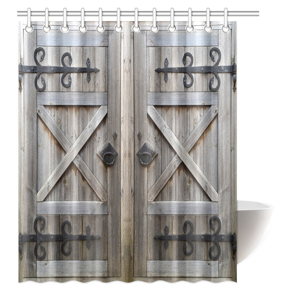 72X72'' Rustic wooden Barn Door Shower Curtain Bathroom Decor Waterproof Fabric 