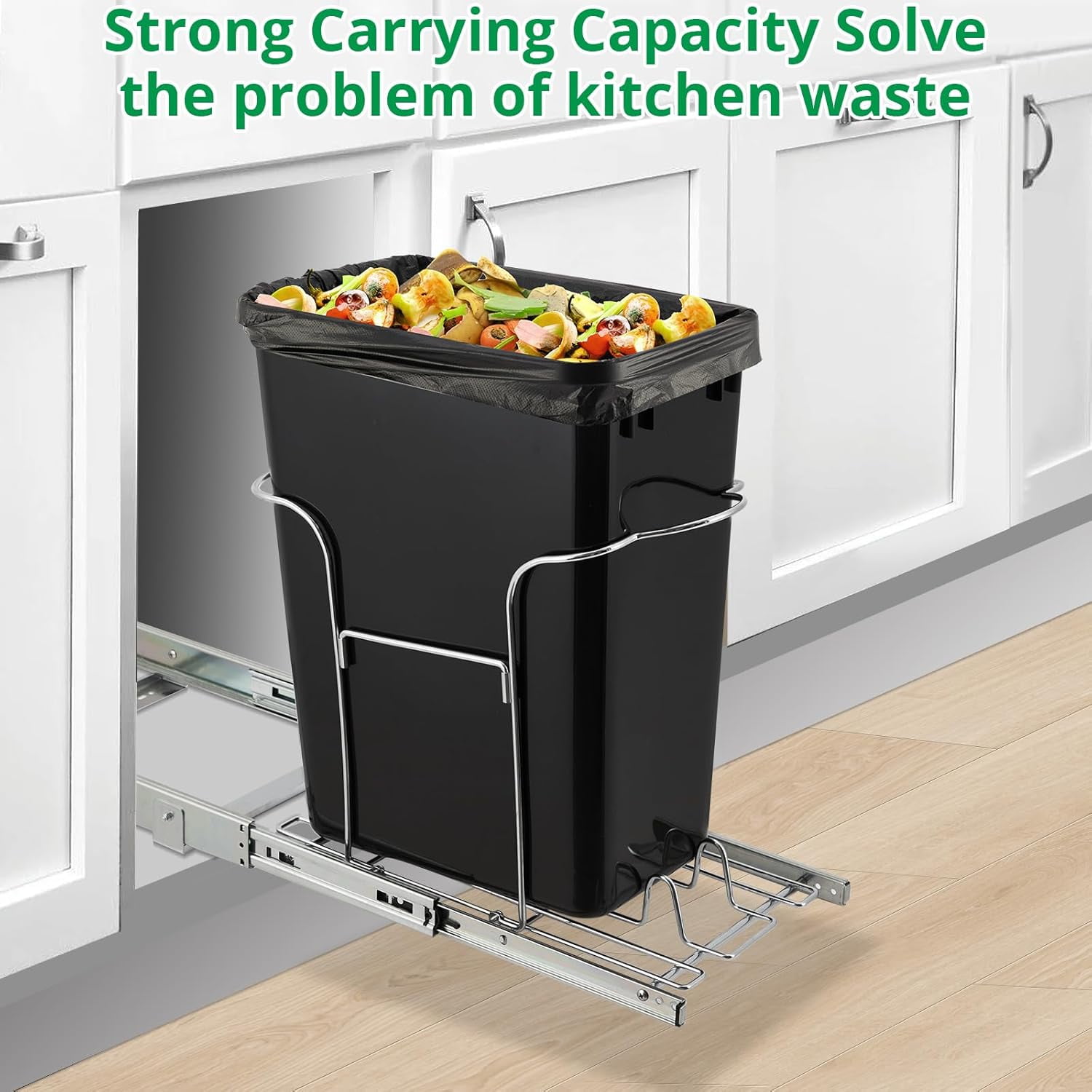 Pull Out Trash Can Under Cabinet, Stainless Steel Slide Out Garbage Can Shelf, Adjustable Kitchen Organizer, 30L Capacity, Rustproof, Space-Saving, Easy Installation, Silver