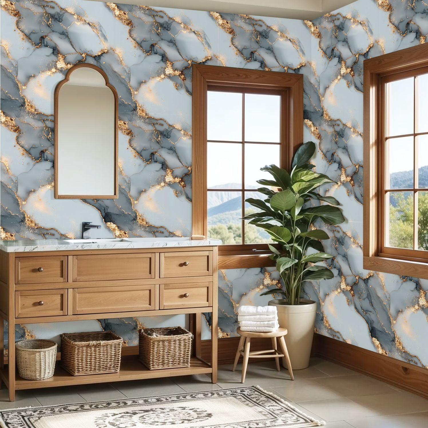Peel and Stick Wallpaper Elegant Blue Gold Marble Abstract Art Fluid Patterns Wall Mural 23.6in x 9.8ft Self Adhesive Removable Wall Paper Renter Friendly Wallpaper for Nursery Bedroom Cabinets