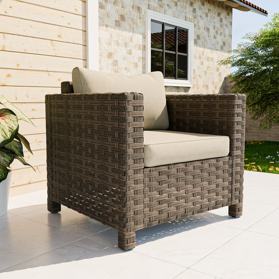 INTER HUT Coastal Haven Patio Wicker Chair Outdoor Furniture Chair All Weather Dining Brown Rattan Armchair with Wide Wicker & Deep Seating