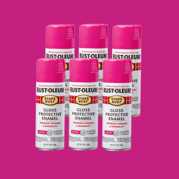 6 Pack, Poppy Pink, Rust-Oleum Stops Rust Gloss Protective Enamel Spray Paint-347026, 12 oz