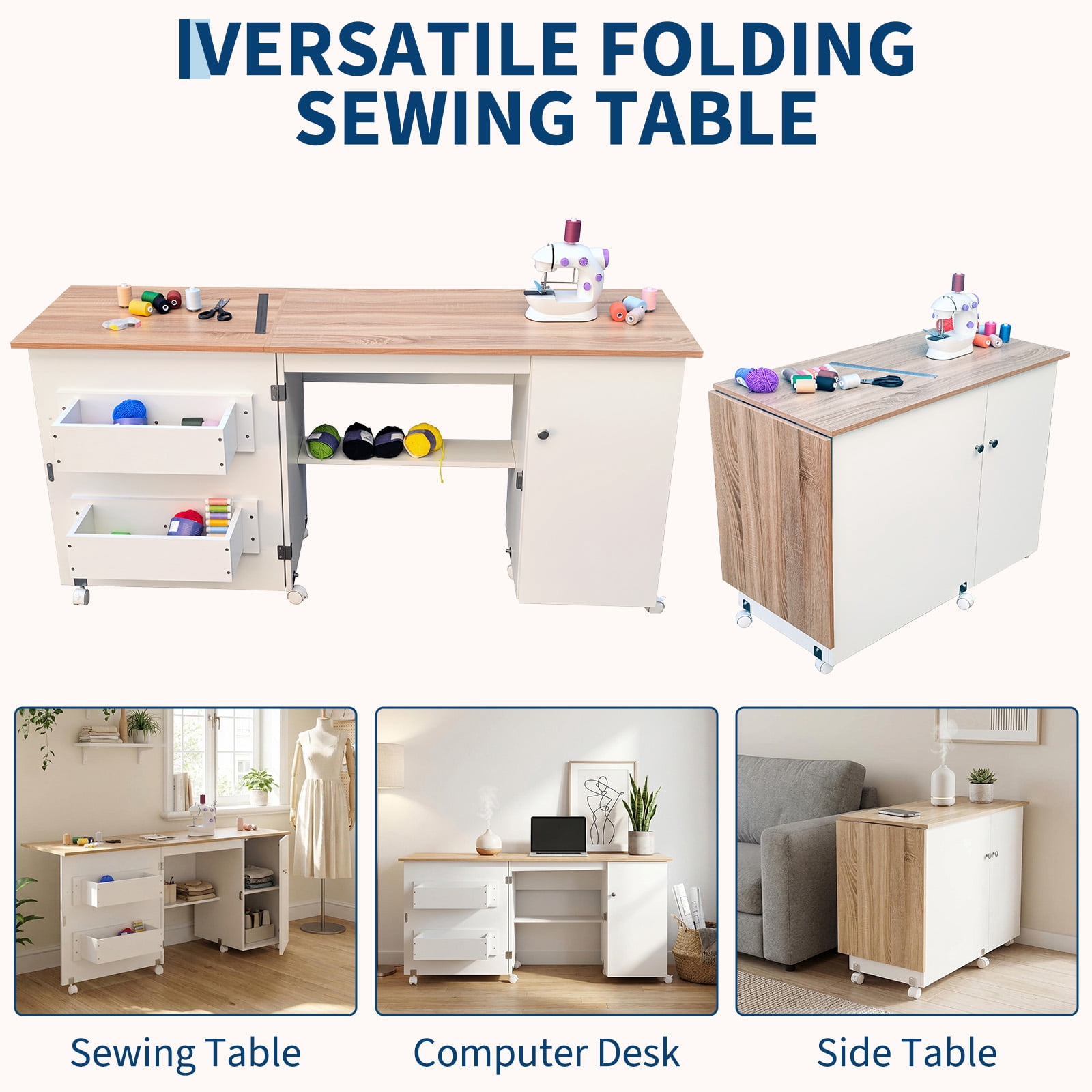 Gaderth Folding Sewing Table, Multipurpose Portable Craft Station & Side Desk with Caster Wheels, Storage Shelves, 2 Storage Trays, Magnetic Doors