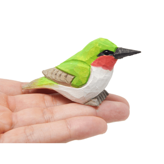 Hummingbird - Wooden Figurine Ruby-Throated Gift Decoration Handmade Bird Art Carved Small Animal Garden Statue