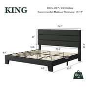 Amolife King Bed Frame, Platform Bed Frame with Fabric Upholstered Headboard, Dark Grey