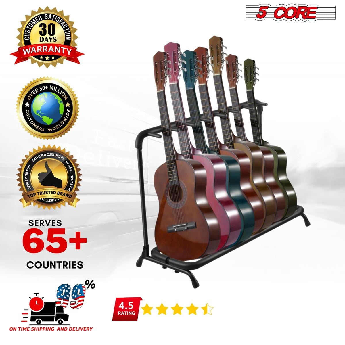 Guitar Rack 7 Slot Multi Guitar Stand Seven Display Floor Stand Safe Storage Foldable Portable for Electric Acoustic Flying V Guitars - GRack 7N1