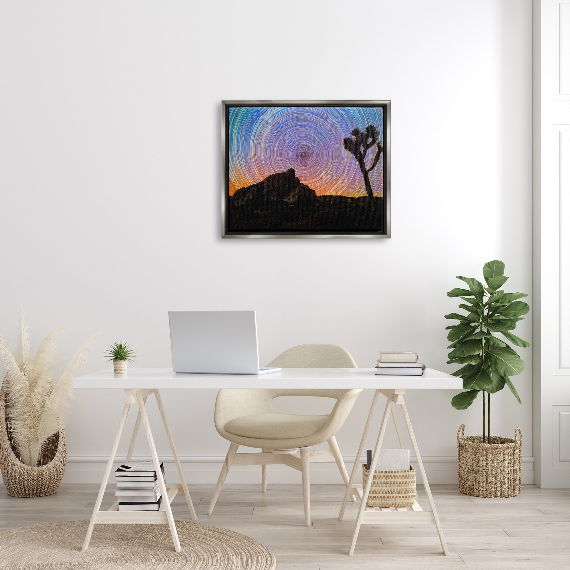 Stupell Industries Kaleidoscopic Swirl Pattern Sky Desert Tree Silhouette Graphic Art Luster Gray Floating Framed Canvas Print Wall Art, Design by Lincoln Harrison