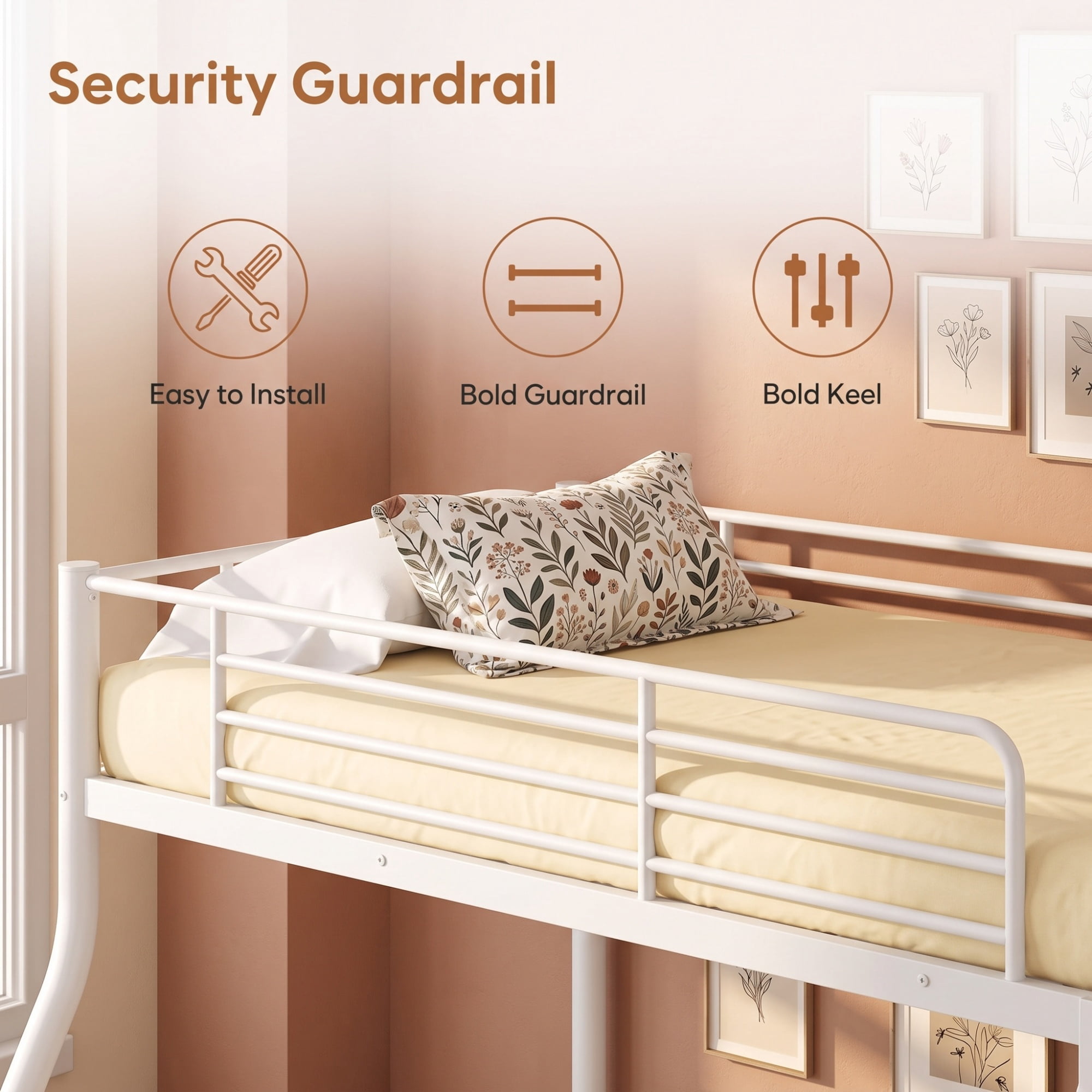 GARITIN Twin Over Full Bunk Bed and Sturdy Metal Bed Frame, Space Saving Bunk Bed with Safety Guardrails and Ladder for Teens Adults Kids and Shared Rooms, No Box Spring Needed, White