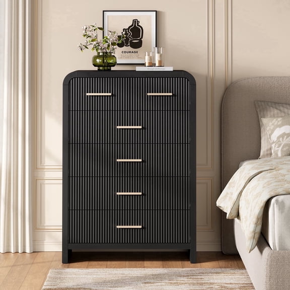 HUJAUU Fluted 6 Drawers Tall  Dresser for Bedroom, Modern Wood Chest of Drawers with Gold Handles & Curved Edge, Black Storage Cabinet for Living Room
