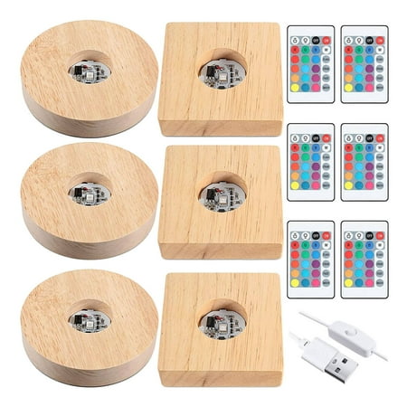 

Tiabiaya 6Pcs Wooden LED Night Light Base Lighted Display Lamp Base Stand with Remote Control for 3D Crystal Glass Art