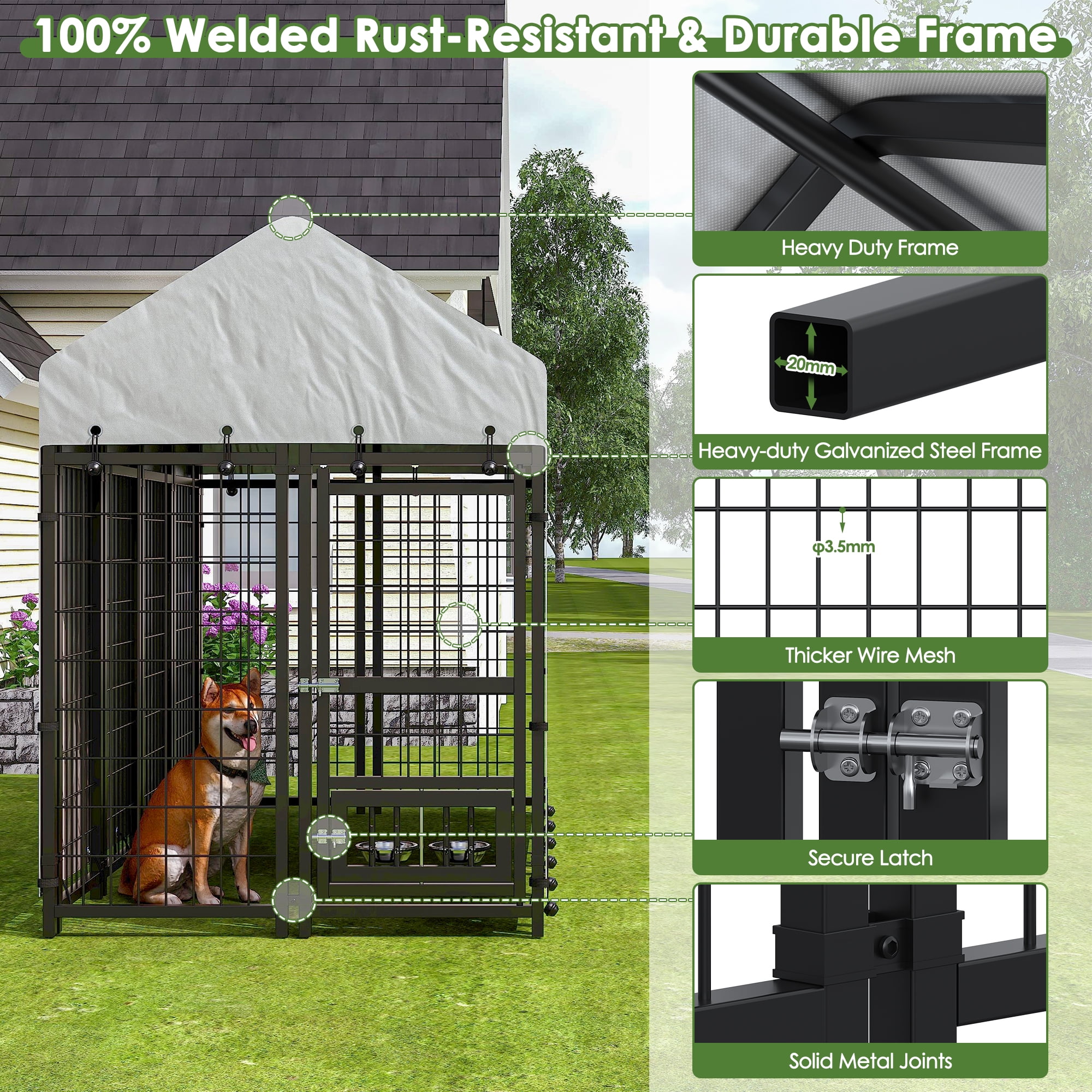 Timagebreze Heavy Duty Outdoor Dog Kennel, Welded Steel Wire Playpen with UV-Resistant Roof & Lock for Large Dogs,8x4x6 FT