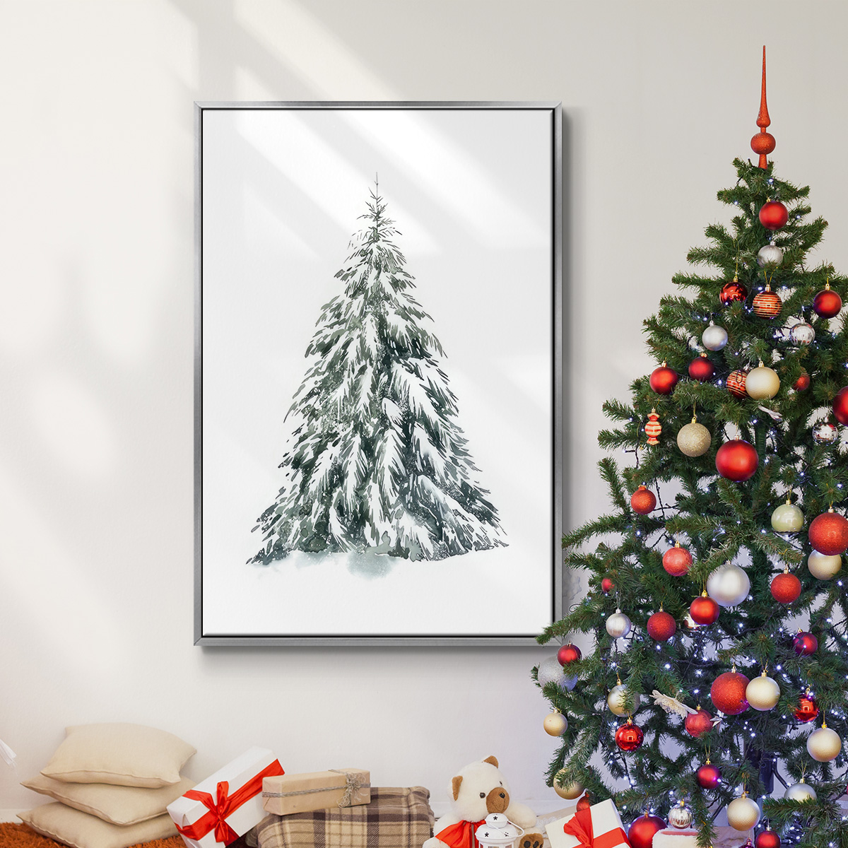 Blue Spruce I - Framed Gallery Wrapped Holiday Canvas - 25 x 37 - Silver Frame