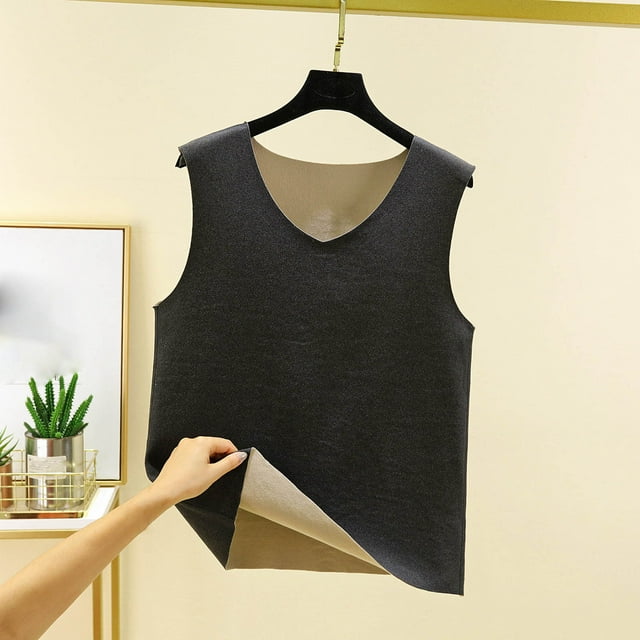 Ropa interior térmica para mujer, blusa de poliéster de color liso de terciopelo de doble cara, cálida, sin costuras, con cuello en V, talla grande