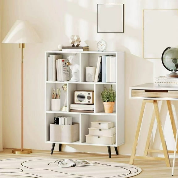 Harmijoy 7 Cube Bookcase 3-Tier Modern Storage Organizer with 4 Metal Legs Bookshelves