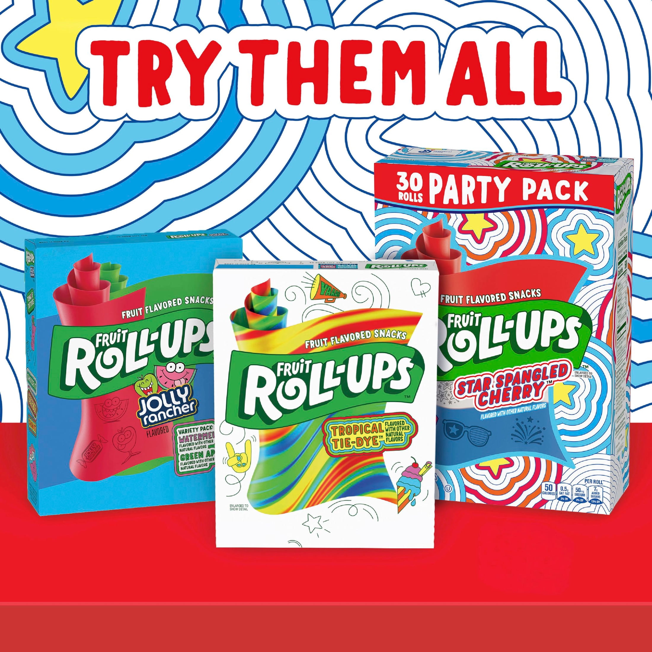 Fruit Roll-Ups Fruit Flavored Snacks, Star Spangled Cherry, Party Pack, 30 Count, 15 oz