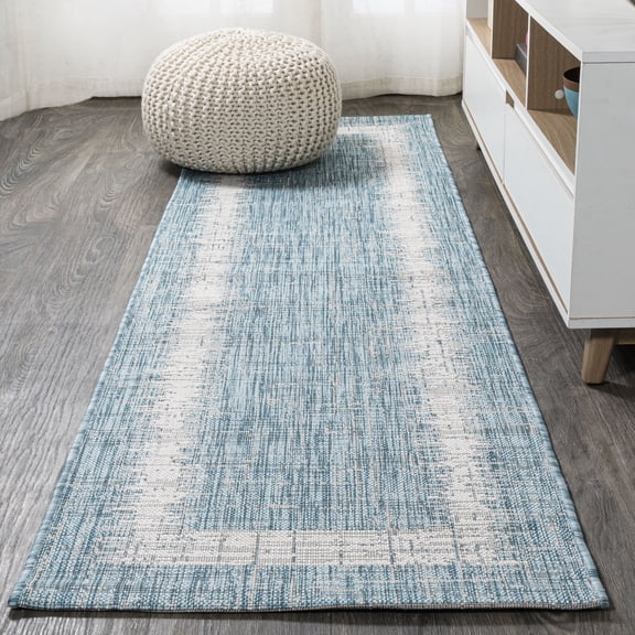 JONATHAN Y SANTA MONICA 2 x 8 Runner Rug, Scandi Minimalist Border - Aqua/Ivory, SMB118A-28
