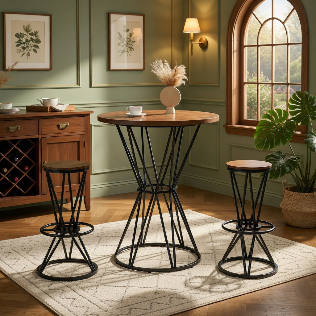 Hommoo 3-Piece Industrial Bar Set, 31.5" Wood Grain MDF Round Bar Table + 2 Metal Bar Stools for Kitchen Island, Small Apartment, Breakfast Nook, Walnut & Black