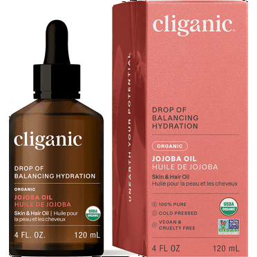 Cliganic Organic Jojoba Oil for Face & Hair, Multitasking Moisturizer, Pure Cold Pressed, 4oz