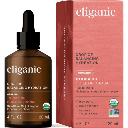 Cliganic Organic Jojoba Oil for Face & Hair, Multitasking Moisturizer, Pure Cold Pressed, 4oz