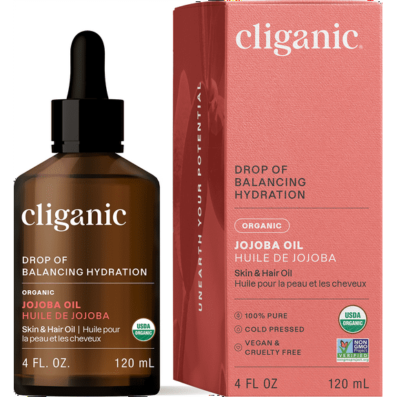 Cliganic Organic Jojoba Oil for Face & Hair, Multitasking Moisturizer, Pure Cold Pressed, 4oz