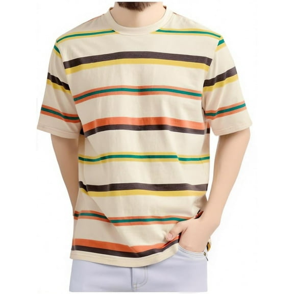 RYDCOT Men's Fashion Casual Cotton Loose Fit Crewneck Classic Striped T-Shirt Multicolor
