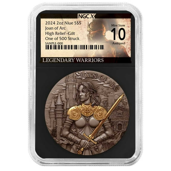2024 Joan of Arc 2 oz High Relief Silver Antiqued & Gold Gilded NGCX MS10 Legendary Warriors Label Retro Core