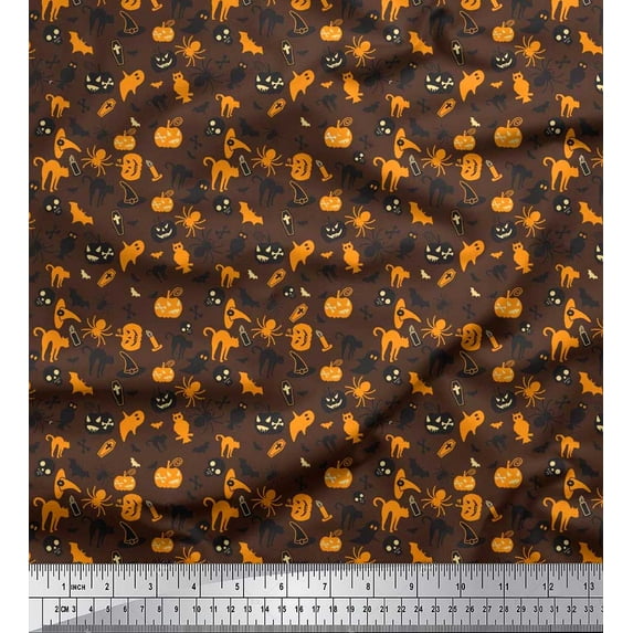 Soimoi Silk Fabric Bat,Spider & Ghost Halloween Printed Craft Fabric by The Yard 42 Inch Wide