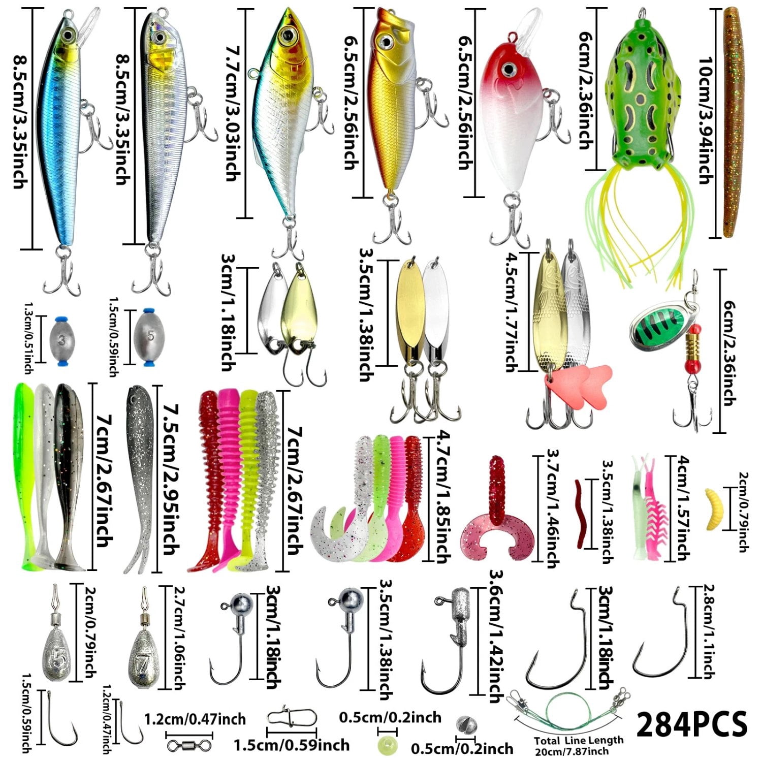 284-Piece Fishing Lures Kit with Tackle Box, Complete Fishing Gear Set Includes Crankbaits, Soft Worms, Spinnerbaits, Hooks, Jigs for Freshwater & Saltwater Bass, Trout, Salmon