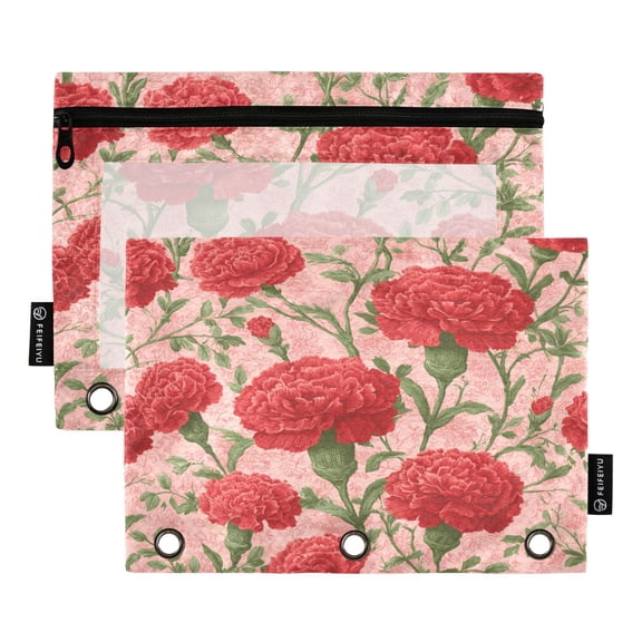 2 Pack 3 Ring Binder Pouch with Clear PVC Window Water Resistant Zipper Pencil Pouch Elegant Red Carnation Pattern Binder Pocket for Classroom Office Home Stationery Organization