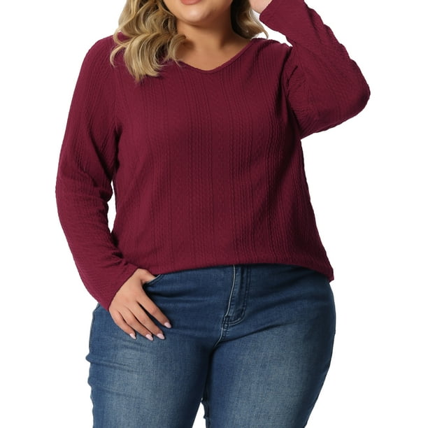 Agnes Orinda Women's Plus Size Knit Thin Fall Winter Trendy Crochet Comfy Pullover Sweaters 1X Burdeos