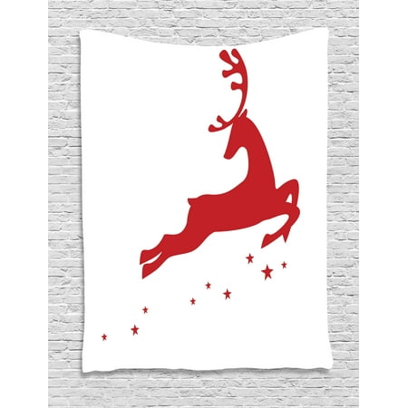 Red Tapestry, Jumping Reindeer Leaving a Starry Trace Behind Popular Christmas Character Silhouette, Wall Hanging for Bedroom Living Room Dorm Decor, 60W X 80L Inches, Red White, by Ambesonne