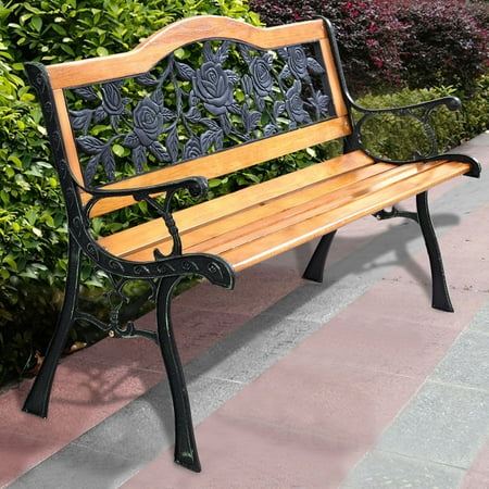 Costway Patio Park Garden Bench Porch Path Chair Furniture Cast Iron (Best Wood For Garden Bench)