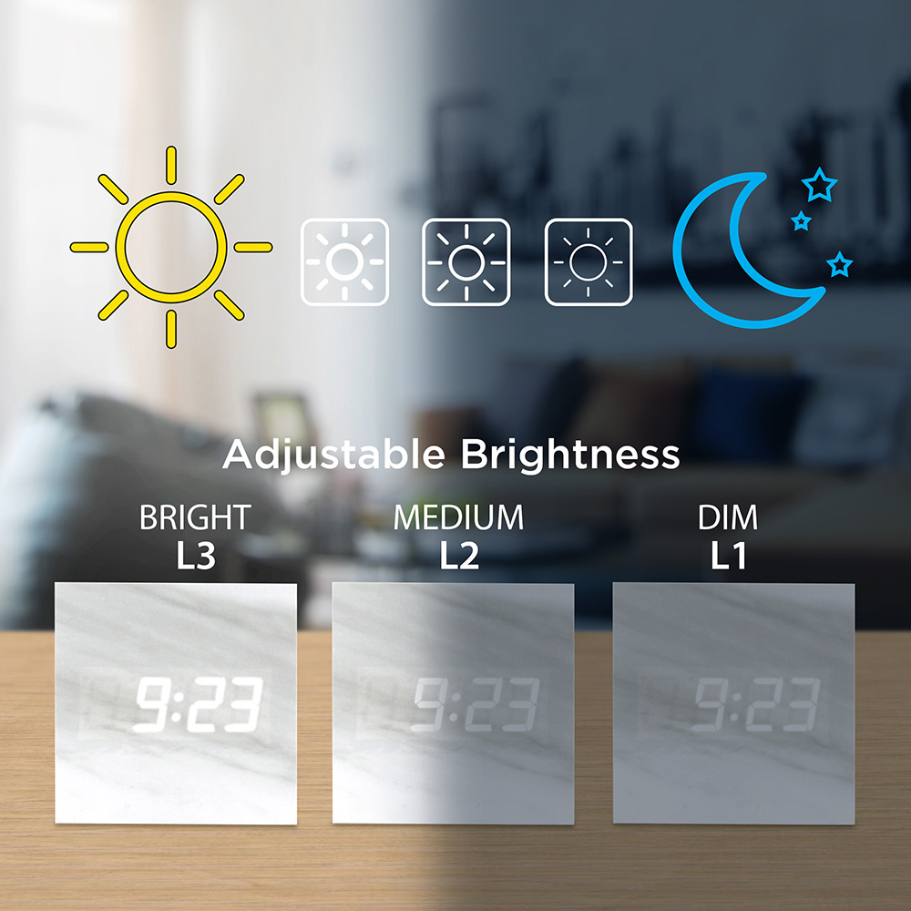 Marble Pattern Alarm Clock Fashion Multi-function LED Desk Alarm Clock with Snooze and USB Power Supply Voice Control Timer Thermometer - White