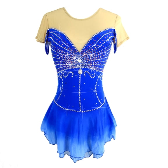 LIUHUO Custom Figure Skating Dress Girls Women Stretch Blue Spandex Flowing Skirt Fancy Shaped Diamond Embellishments
