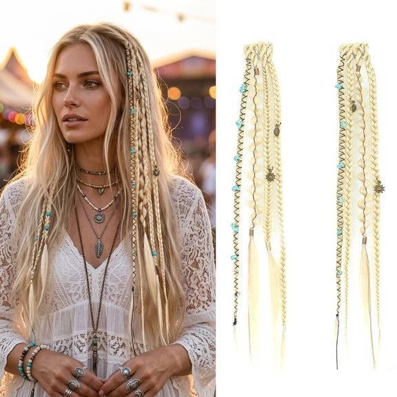 RUIFUU 2-Pack Clip-in Dreadlocks Hair Extensions, Synthetic Single Ended Dreads, Light Blonde Dark Brown Highlighted with Gold Charms
