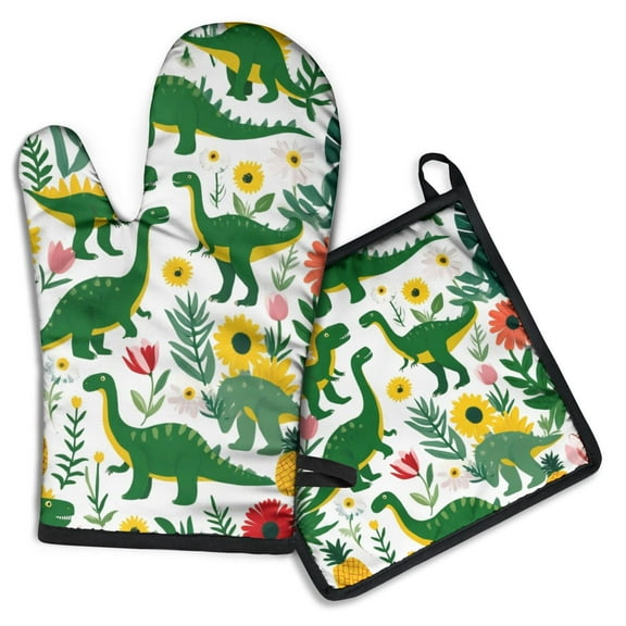 Cute Dinosaur Pattern Kitchen Oven Mitt and Pot Holder Sets 2 Pcs for Baking, Cooking and Grilling, Heat Resistant Up To 392 °F