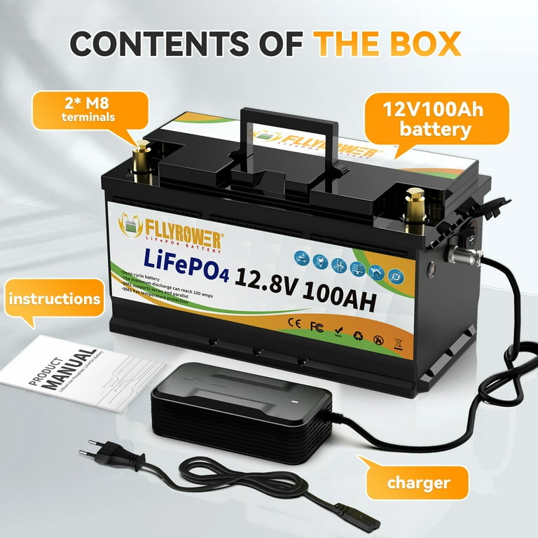 4Pack 12V 100AH LiFePO4 Battery with a Charger,for RV,Trolling