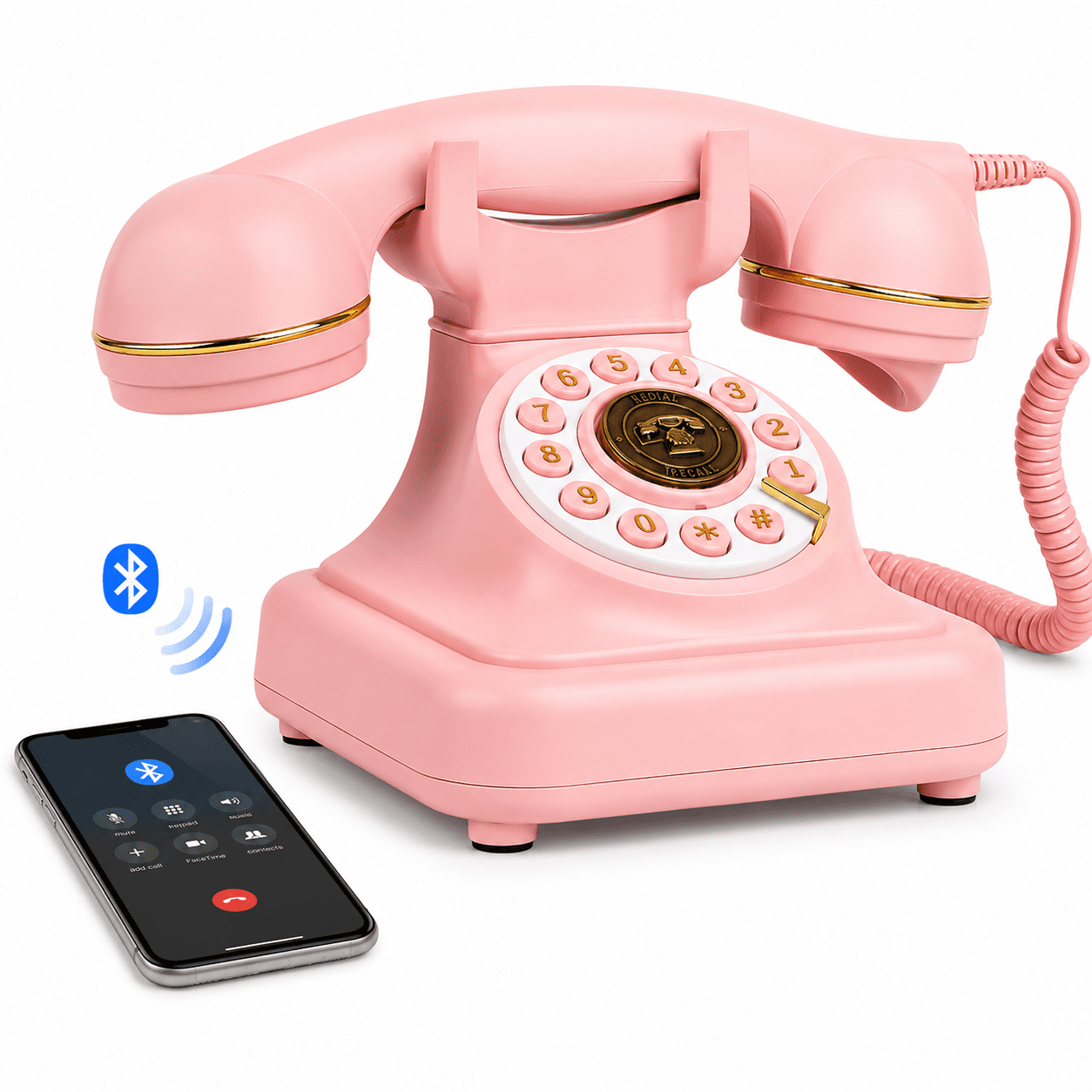 Audio Guest Book Phone, Retro Bluetooth Speakerphone with Handset, Rechargeable Vintage Desk Phone for Weddings, Parties, Birthdays, Pink