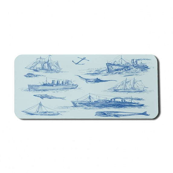 Nautical Computer Mouse Pad, Nautical Underwater Wildlife Shark Boat Ships Navy Stormy Weather, Rectangle Non-Slip Rubber Mousepad X-Large, 35" x 15" Gaming Size, Blue Baby Blue, by Ambesonne
