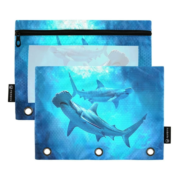 Hammerhead Sharks Swimming 2 Pack Pencil Pouch for 3 Ring Binder Smooth Zipper Folders with Pockets Clear Window Pencil Case