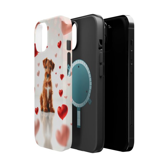DistinctInk Tough Case for Apple iPhone 14 (6.1" Screen), Compatible with MagSafe Charging - Valentine's Day Irish Terrier Puppy