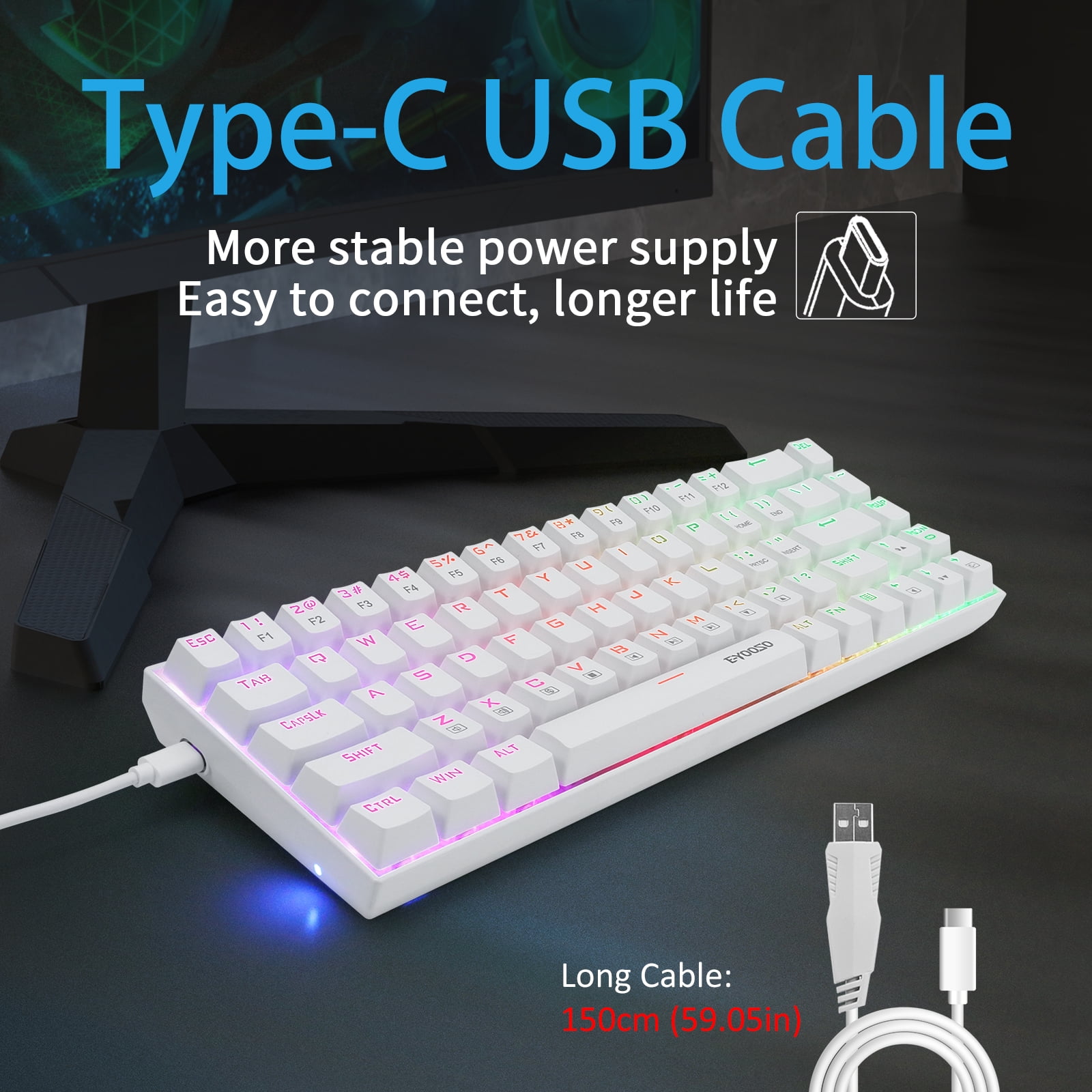 Portable 65% Mechanical Gaming Keyboard, E-YOOSO Z-686 Customizable Per-Key RGB Backlit, Compact 68 Keys Mini Wired Office Keyboard with Blue Switch for Windows Laptop PC Mac - White